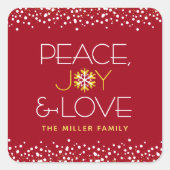 Peace Joy Love Bold Modern Holiday Snowflake Red Vierkante Sticker (Voorkant)