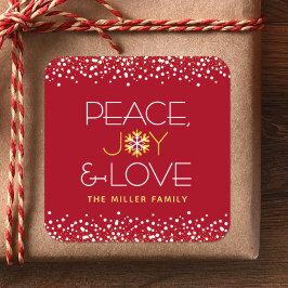 Peace Joy Love Bold Modern Holiday Snowflake Red Vierkante Sticker