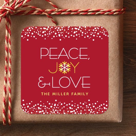 Peace Joy Love Bold Modern Holiday Snowflake Red Vierkante Sticker
