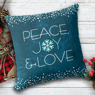 Peace Joy Love Chic Modern Snowflake on Blue Kussen