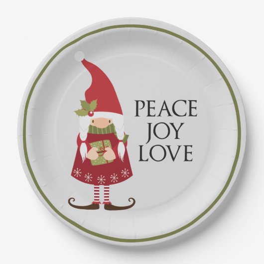 Peace Joy Love Girl Gnome Holiday Papieren Bordje (Voorkant)