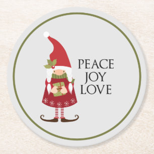 Peace Joy Love Girl Gnome Holiday Ronde Kartonnen Onderzetter