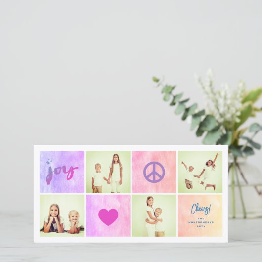 Peace Joy Love Kleurrijke Pleinen Stijlvol 4 Foto Feestdagenkaart (Staand voorkant)