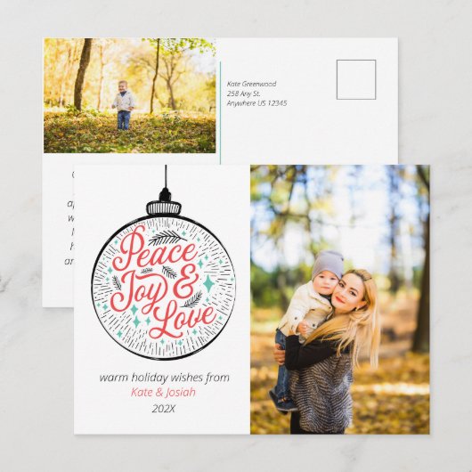 Peace, Joy & Love Photo Holiday Briefkaart (Voorkant / Achterkant)