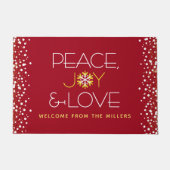 Peace Joy Love Red Kerstmis Bold Modern Snowflake Deurmat (Voorkant)