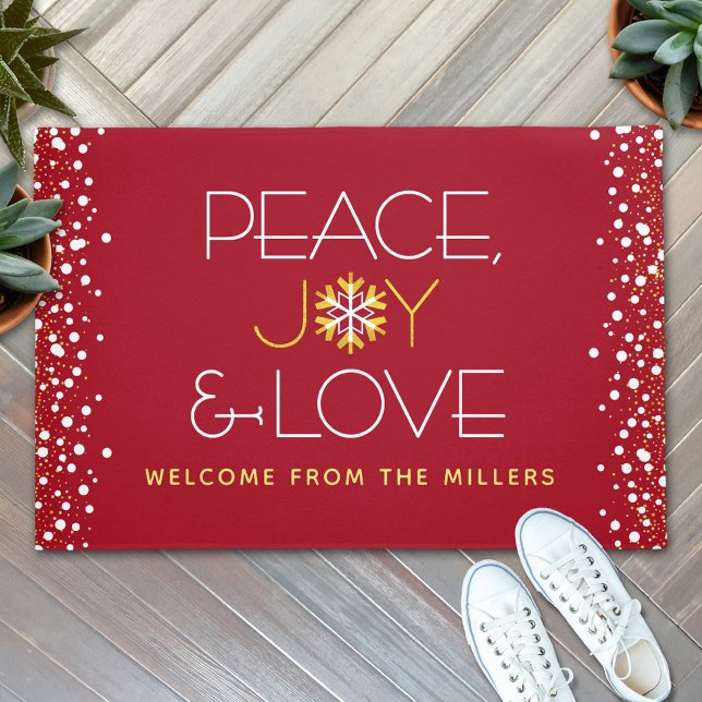 Peace Joy Love Red Kerstmis Bold Modern Snowflake Deurmat (Creator heeft geüpload)