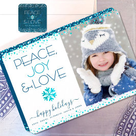 Peace Joy Love Script Chic Modern Snowflake Photo Feestdagenkaart