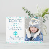 Peace Joy Love Script Chic Modern Snowflake Photo Feestdagenkaart (Staand voorkant)