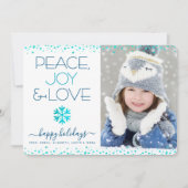 Peace Joy Love Script Chic Modern Snowflake Photo Feestdagenkaart (Voorkant)