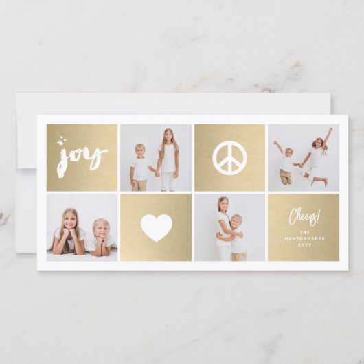 Peace Joy Love Shiny Gold Squares Stijlvol 4 Foto Feestdagenkaart (Voorkant)