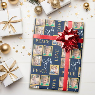 Peace Joy Love Typografie   4 Fotoblauw kerstfeest Cadeaupapier