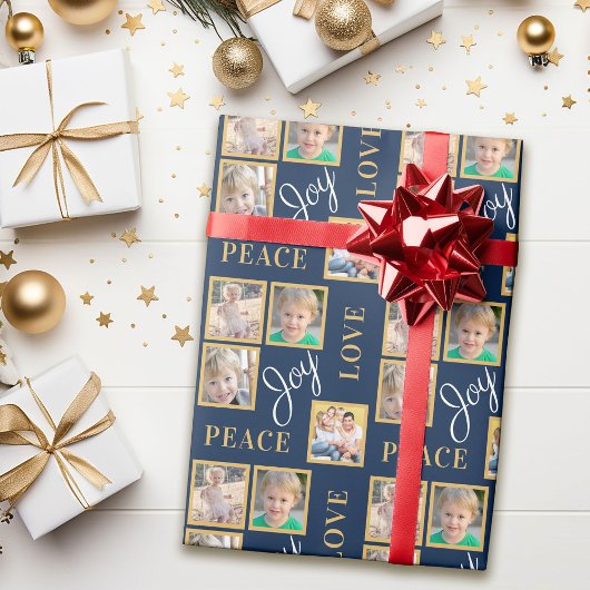 Peace Joy Love Typografie | 4 Fotoblauw kerstfeest Cadeaupapier