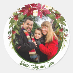 Peace Joy LoveFoto Poinsettia Kerstmis Ronde Sticker