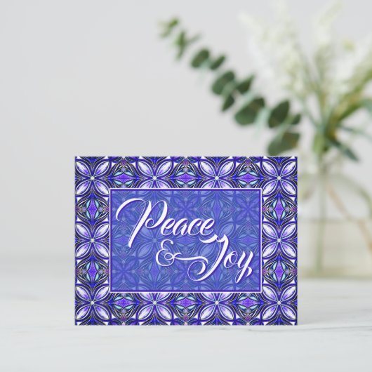 Peace & Joy Paarse kerst Briefkaart (Staand voorkant)