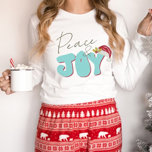Peace Joy Retro 80's Font Santa Hat Aqua Red Schat T-shirt