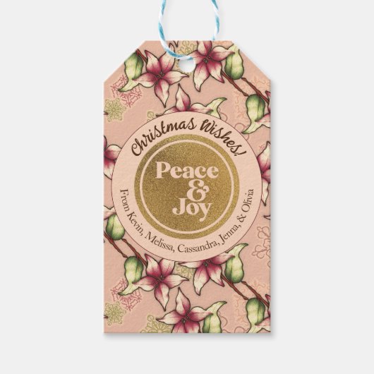Peace & Joy, roze en gouden glitter kerst Cadeaulabel (Voorkant)