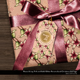 Peace & Joy, roze en gouden glitter kerst Cadeaulabel