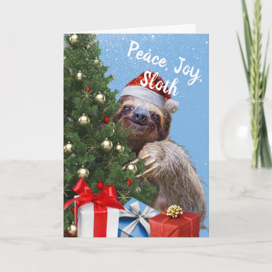Peace Joy Sloth Kerstluiaard in Santa Hat Kaart (Voorkant)