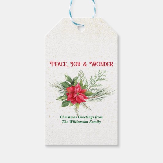 Peace Joy & Wonder Red Poinsettia Christmas Cadeaulabel (Voorkant)