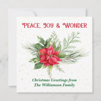 Peace Joy & Wonder Red Poinsettia Christmas Feestdagenkaart
