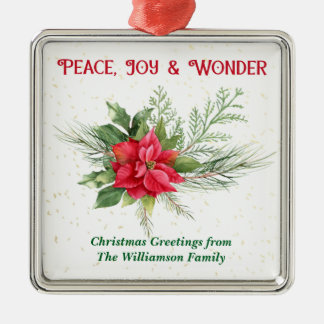 Peace Joy & Wonder Red Poinsettia Christmas Metalen Ornament