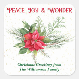 Peace Joy & Wonder Red Poinsettia Christmas Vierkante Sticker