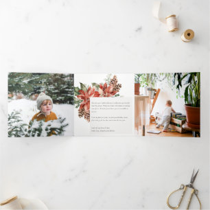 Peace Kerstmis Poinsettia Pine 3 Foto Waterverf Drieluik Wenskaart