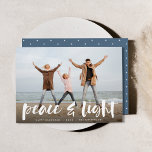 Peace & Light | Full Photo Hanukkah Feestdagenkaart<br><div class="desc">Modern Hanukkah photo cards feature your favorite image with "Peace and light" overlaid in white hand lettered brush typography,  with your names and the year beneath.</div>