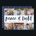 Peace & Light | Hanukkah Photo Collage Feestdagenkaart<br><div class="desc">Share six favorite photos with our bright and festive Hanukkah holiday card. "Peace and Light" appears in the center in hand lettered brush typography,  with your holiday greeting,  names,  and the year beneath.</div>