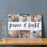Peace & Light | Hanukkah Photo Collage Feestdagenkaart<br><div class="desc">Share six favorite photos with our bright and festive Hanukkah holiday card. "Peace and Light" appears in the center in hand lettered brush typography,  with your holiday greeting,  names,  and the year beneath.</div>
