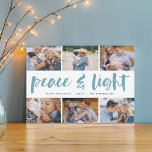 Peace & Light | Hanukkah Photo Collage Feestdagenkaart<br><div class="desc">Share six favorite photos with our bright and festive Hanukkah holiday card. "Peace and Light" appears in the center in hand lettered brush typography,  with your holiday greeting,  names,  and the year beneath.</div>