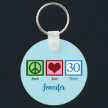 Peace Love 30th Birthday Cute Derty Monogram Sleutelhanger<br><div class="desc">Peace Love 30 in green,  red,  and blue op een schattige,  aangepaste blauwe knop voor de dertigste verjaardag met jouw naam.</div>
