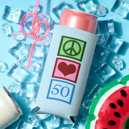 Peace Love 50 Cute Blue 50th Birthday Party Seltzer Blikjeskoeler (Insitu Zomer)