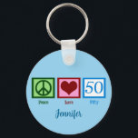 Peace Love 50th Birthday Cute Party Sleutelhanger<br><div class="desc">Een gepersonaliseerde sleutelhanger cadeau voor 50-jarige verjaardag in het blauw voor iemand over de heuvel.</div>