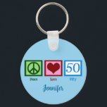 Peace Love 50th Birthday Cute Party Sleutelhanger<br><div class="desc">Een gepersonaliseerde sleutelhanger cadeau voor 50-jarige verjaardag in het blauw voor iemand over de heuvel.</div>