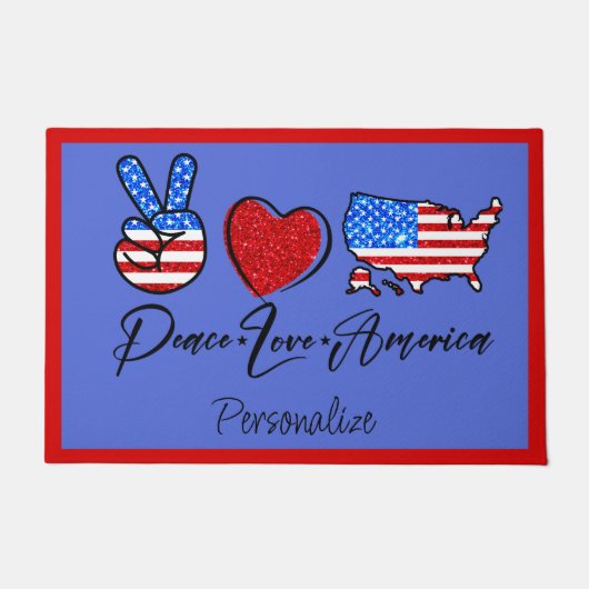 Peace Love America Quote Flag Heart Peace Sign Ver Deurmat (Voorkant)