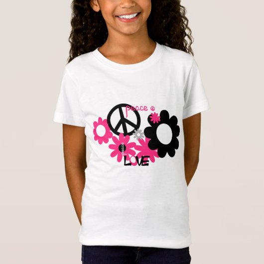 Peace Love and Flowers hot roze and black T-shirt (Voorkant)