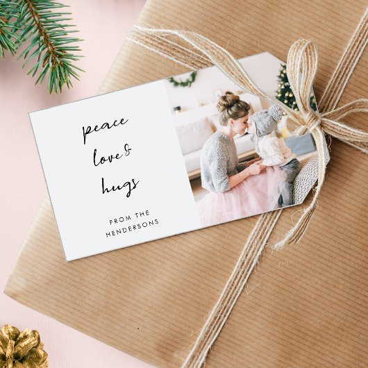 Peace Love and Hugs | Minimale kerstfoto Cadeaulabel