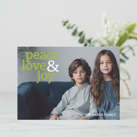 Peace Love and joy 1 Photo Modern typografie Feestdagenkaart (Staand voorkant)