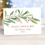 Peace Love and Joy Green Red Winter Greenery Feestdagen Kaart<br><div class="desc">Deze stijlvolle "Peace,  Love & Joy"-vakantiekaart is uitgerust met een moderne en minimale groene wintertak van de waterverf met rode bessenaccenten. De elegante tekst kan volledig met uw keus van groet,  familienaam,  jaar,  en een douanebericht binnen de kaart worden gepersonaliseerd.</div>