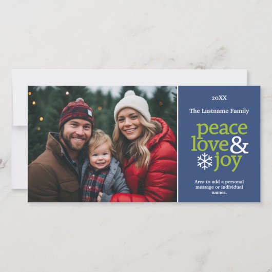 Peace Love and Joy - horizontale foto blauw groen Feestdagenkaart (Voorkant)