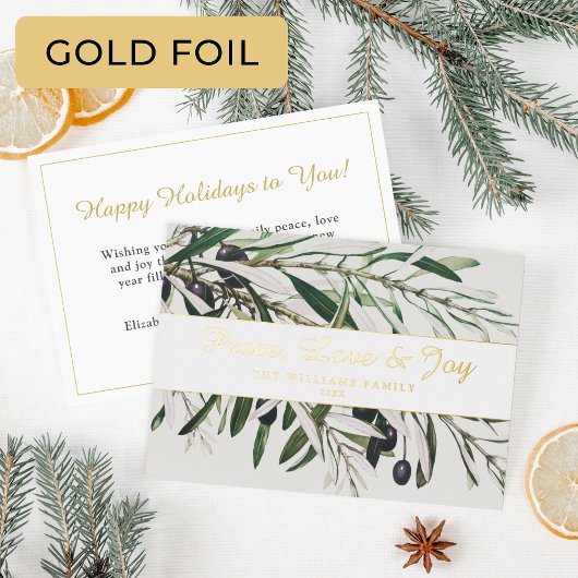 Peace Love and Joy Olive Branch Gold Folie Feestdagenkaart