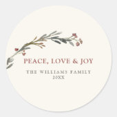 Peace Love and Joy Red Berries Greenery Holiday Ronde Sticker (Voorkant)