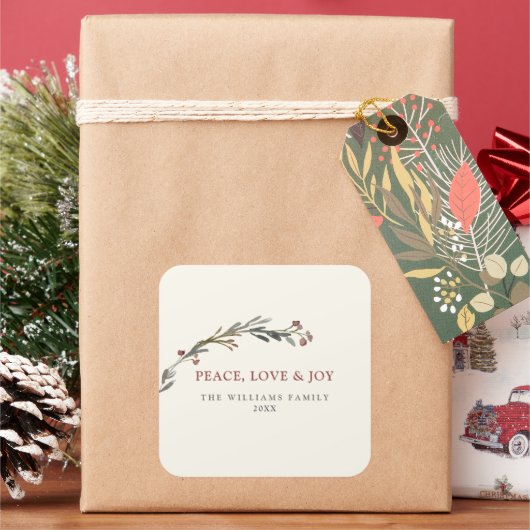 Peace Love and Joy Red Berries Greenery Holiday Vierkante Sticker (Feestdagen)