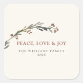 Peace Love and Joy Red Berries Greenery Holiday Vierkante Sticker (Voorkant)