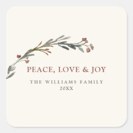 Peace Love and Joy Red Berries Greenery Holiday Vierkante Sticker