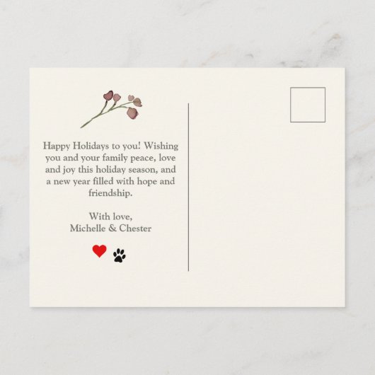 Peace Love and Joy Red Greenery Pet Photo Briefkaart (Achterkant)