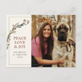 Peace Love and Joy Red Greenery Pet Photo Briefkaart (Voorkant)