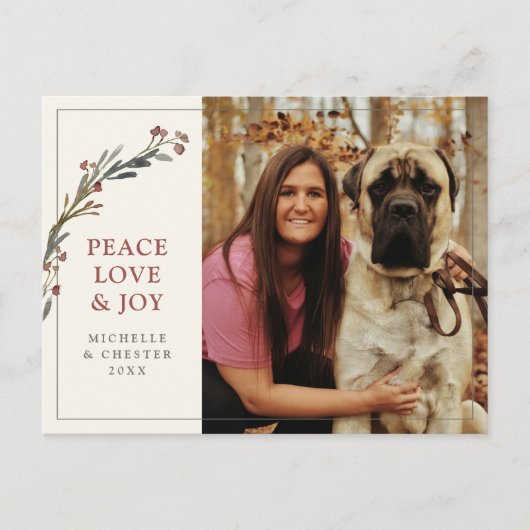 Peace Love and Joy Red Greenery Pet Photo Briefkaart (Voorkant)