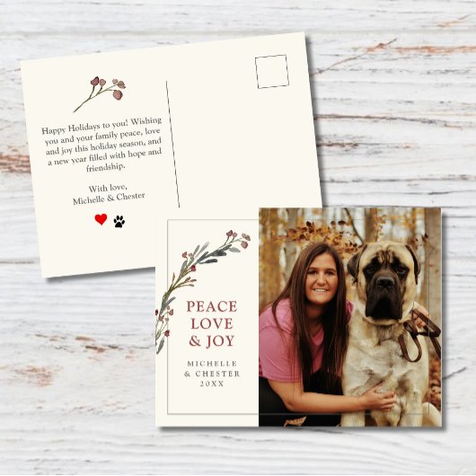 Peace Love and Joy Red Greenery Pet Photo Briefkaart